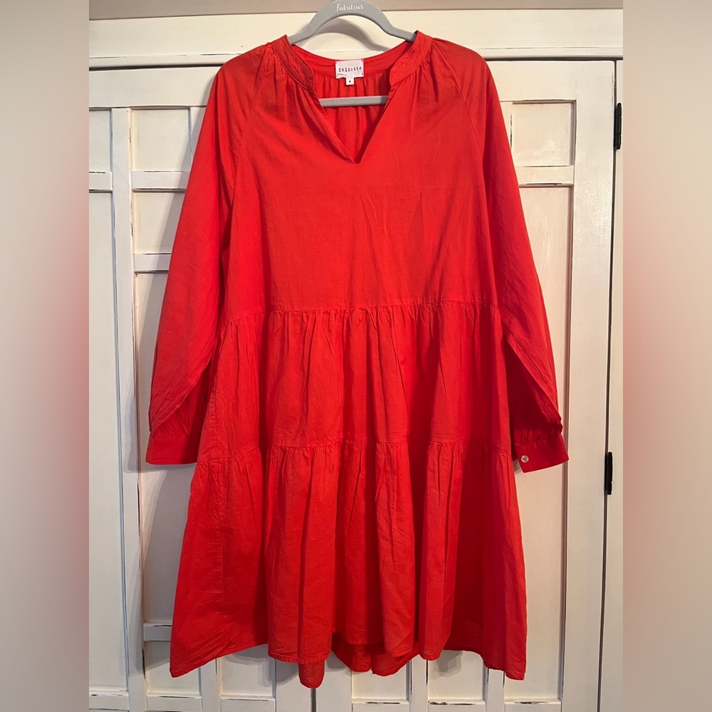 Felicite Bright Orange Puff Sleeve Tiered Mini Dress Small nwots too cute